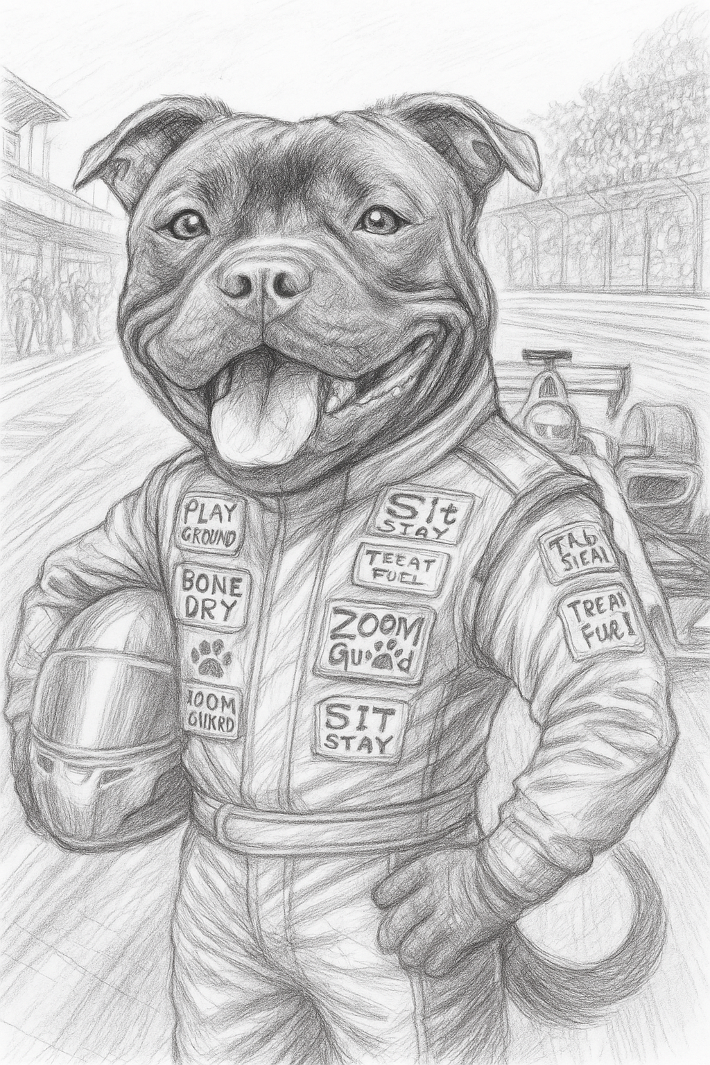 Pole Position Pet Portrait – Custom F1 Racing Pencil Sketch
