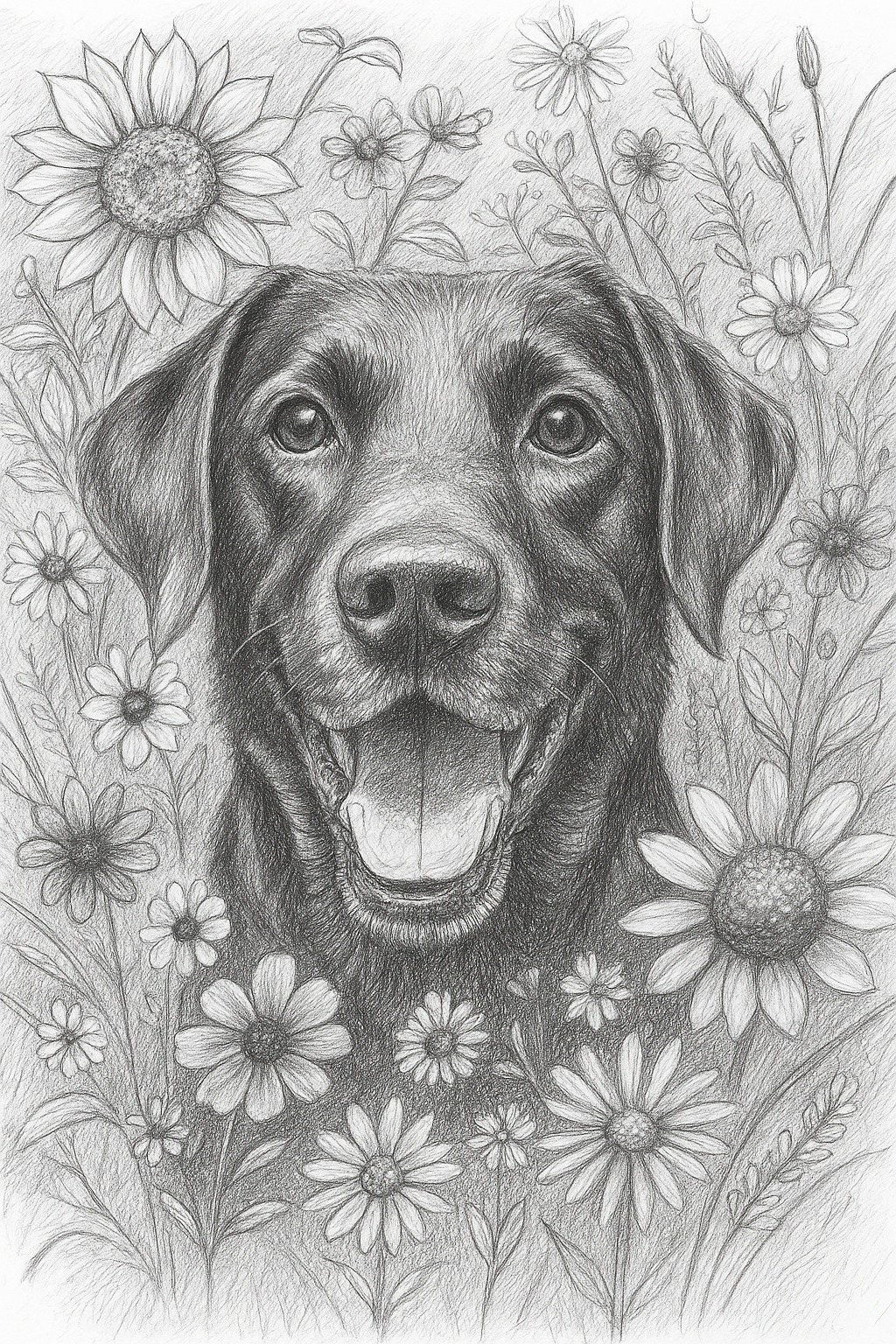 Petals & Paws – Black & White Floral Pet Drawing