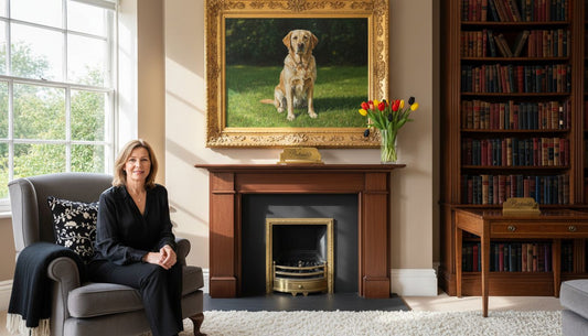 Framed pet portrait in stylish UK living room