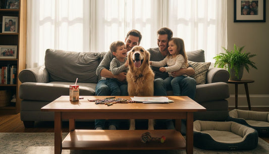 Family and dog posing for portrait on couch