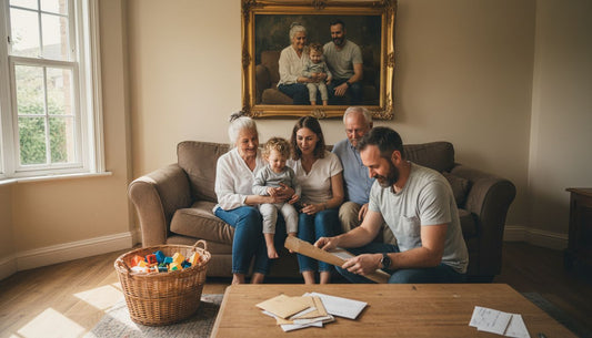 British family gathered below custom portrait