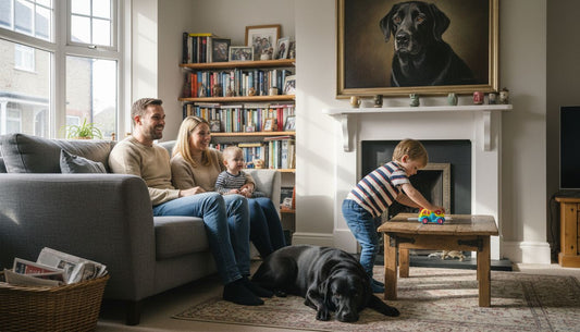 Family admiring pet portrait in home