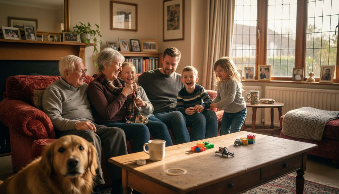 Candid UK family group in living room