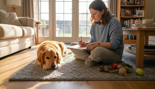 Artist sketching full-body dog portrait in living room
