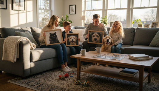 Family with pet portraits in living room