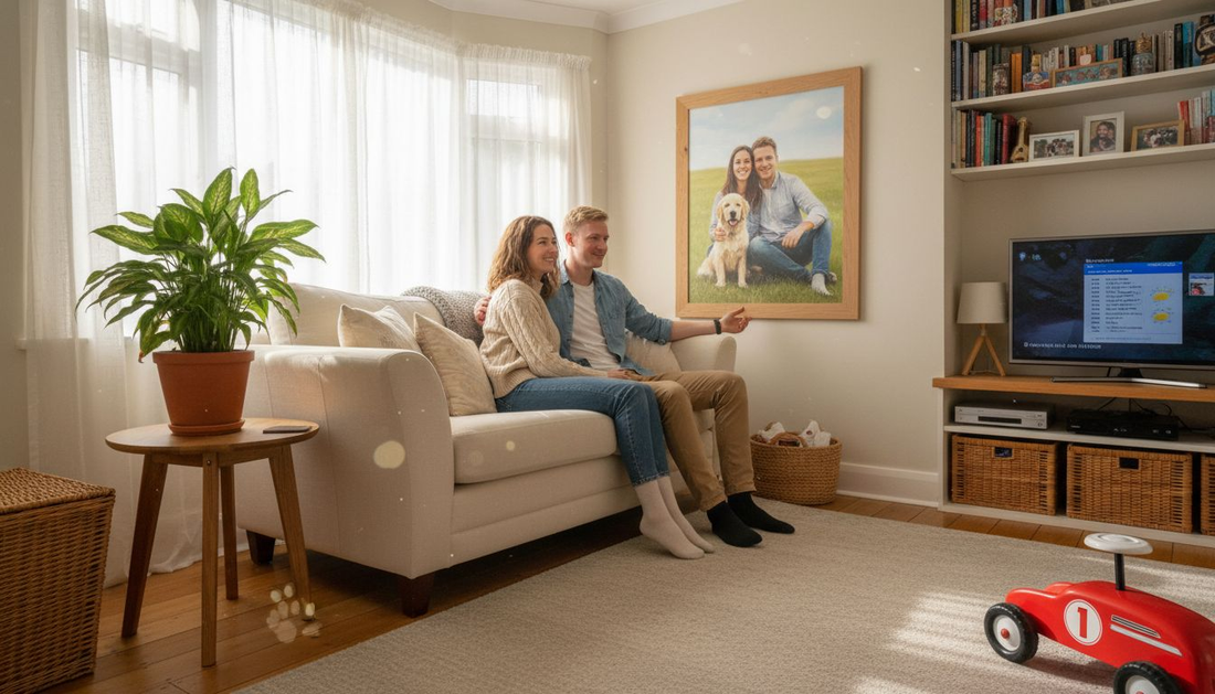 Family hanging portrait with pet in living room