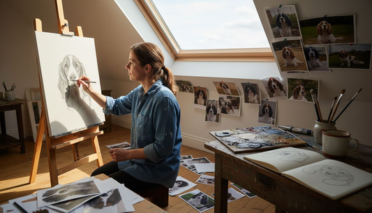 Artist sketching dog portrait in attic studio