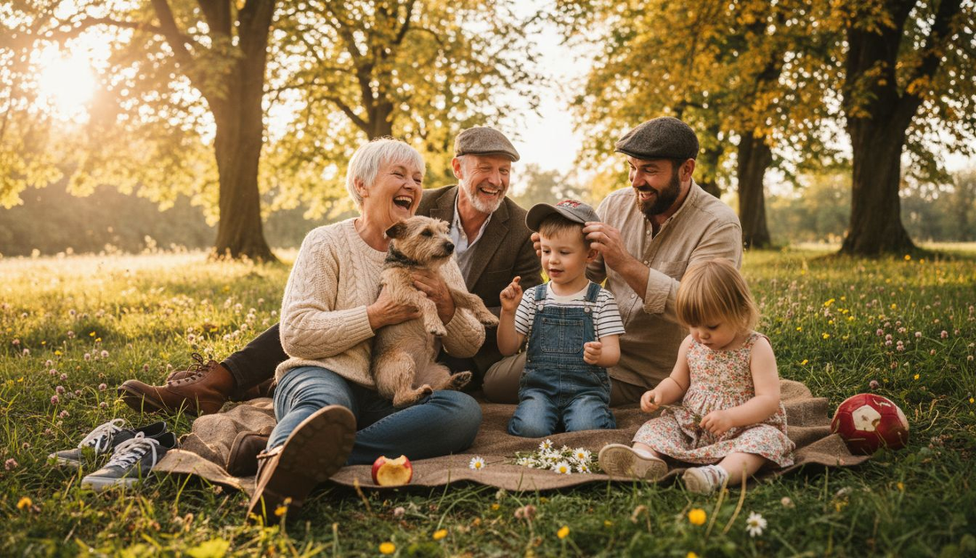 Candid family photo in sun-dappled park
