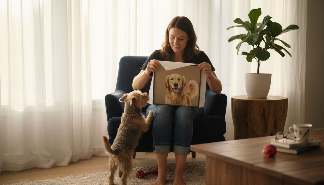 Pet lover opening custom dog portrait gift