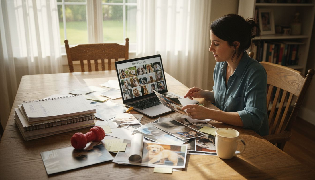 Woman organizes printed pet portraits at home