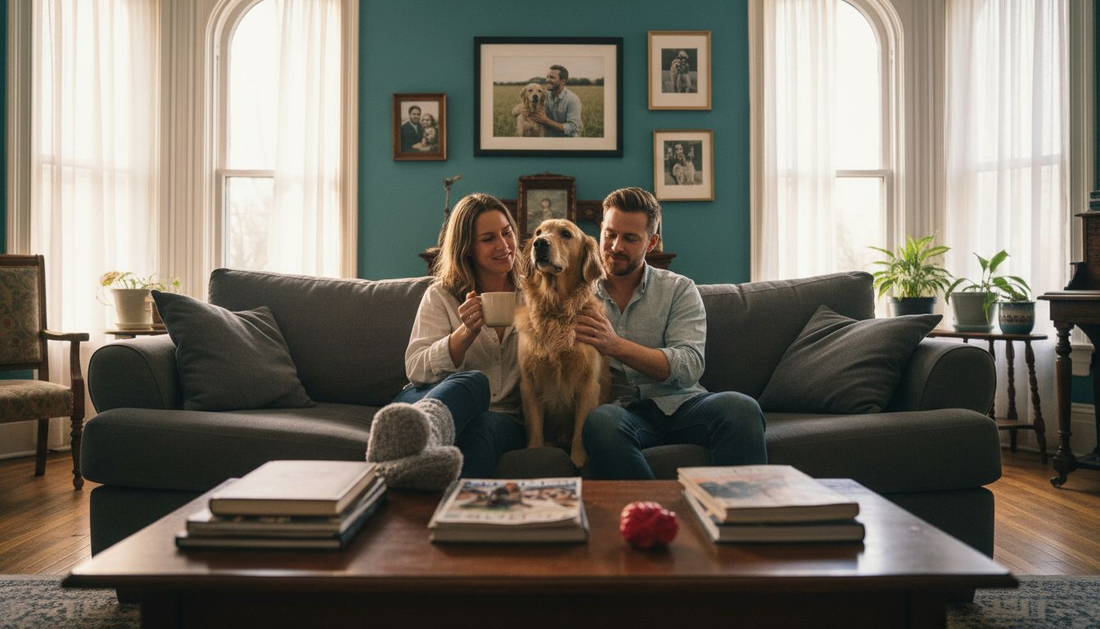 Couple with pet in cozy living room
