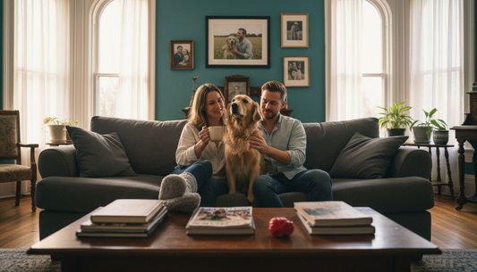 Couple with pet in cozy living room