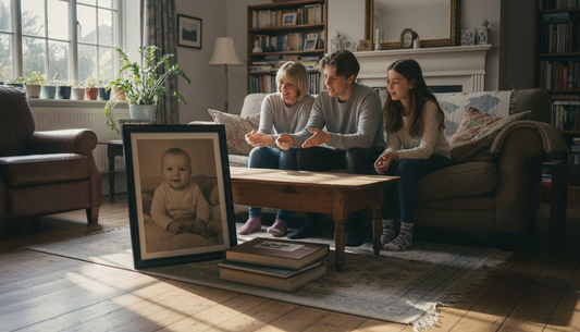 Family reviewing new milestone portrait in living room