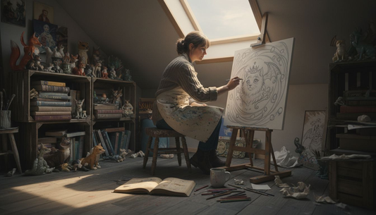 Artist sketching fantasy pet portrait studio scene