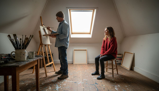 Artist painting a live portrait in attic studio