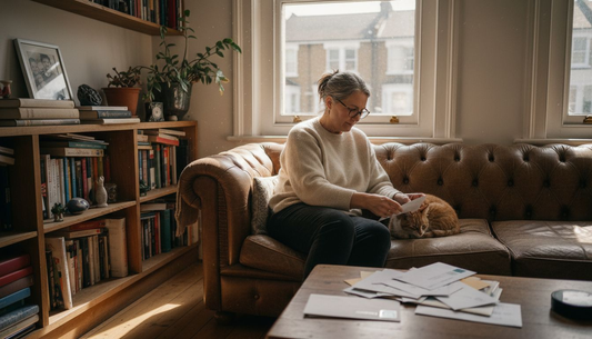 British woman with cat in sunlit living room