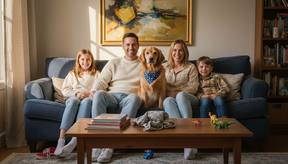 Family sitting with golden retriever in coordinated outfits