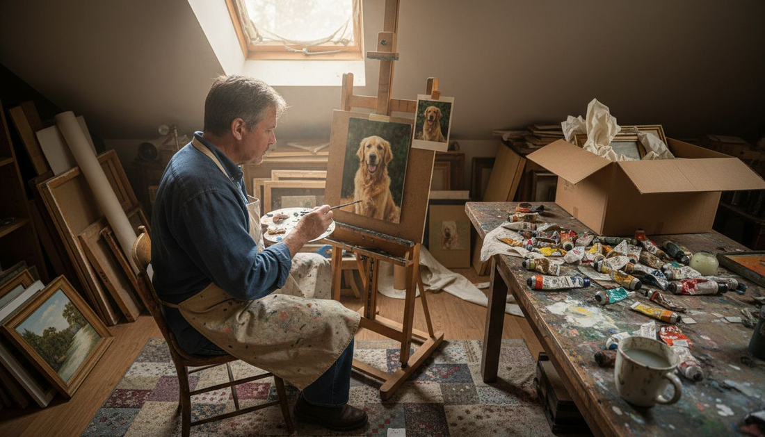 Artist painting a dog portrait in studio