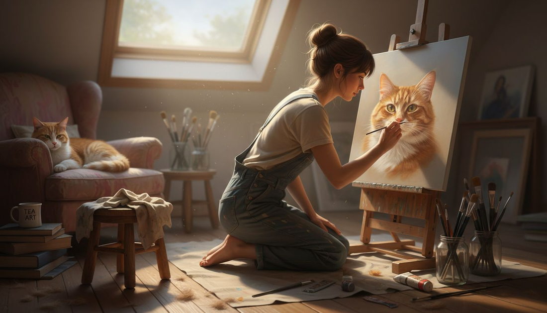 Artist painting cat portrait in attic studio