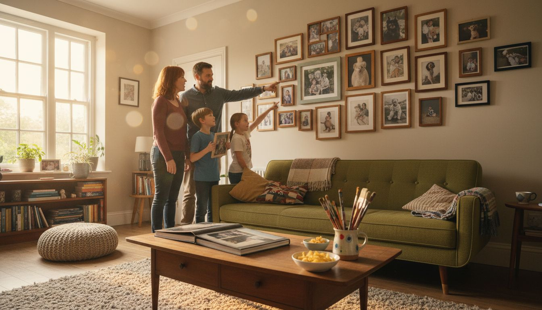 Family arranging photo collage above living room sofa