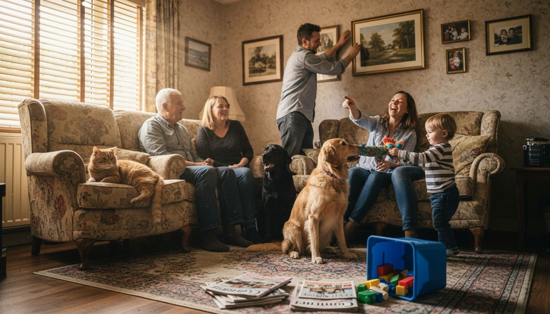 Family and pets in cozy living room portrait