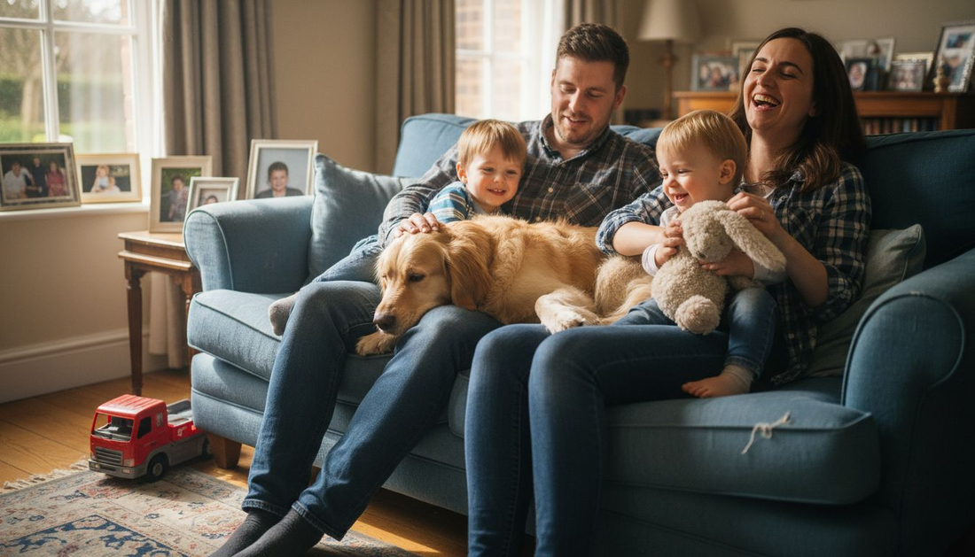 Family portrait with golden retriever on sofa