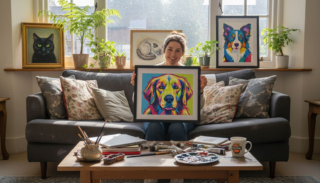 Woman displaying various custom pet portrait styles