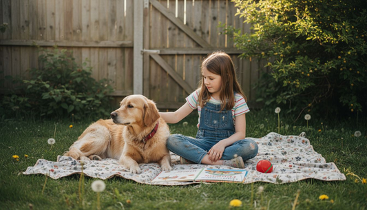 Child and dog portrait in backyard garden