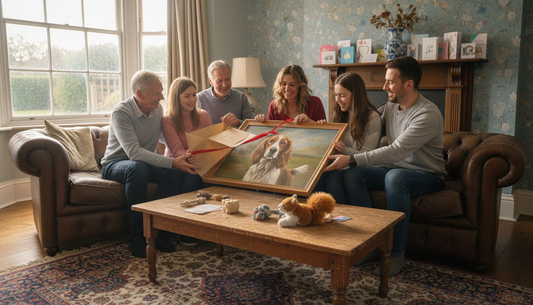 Family unveiling a pet portrait together