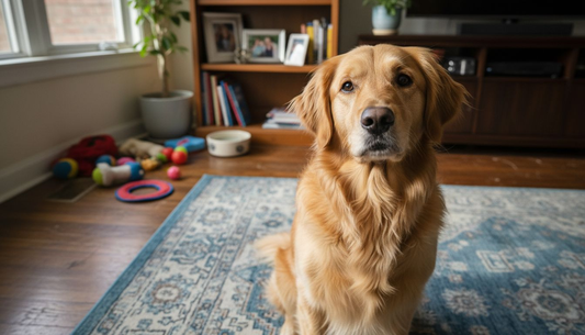 Golden retriever in sunlit living room