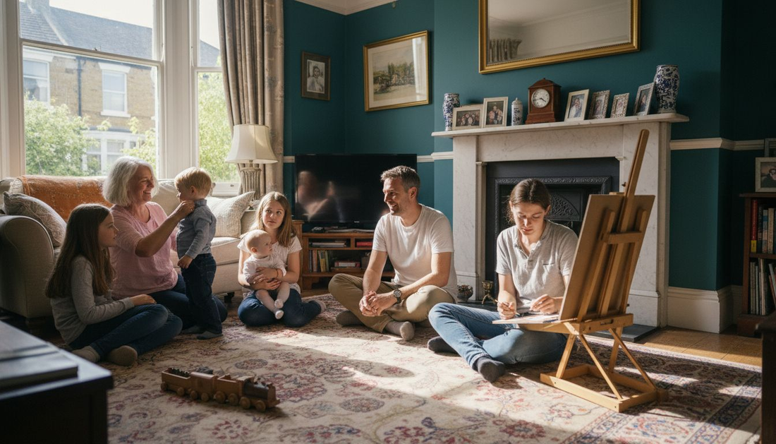 Family posing for portrait in UK home