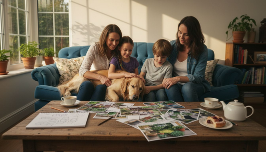 Family and dog preparing for portrait