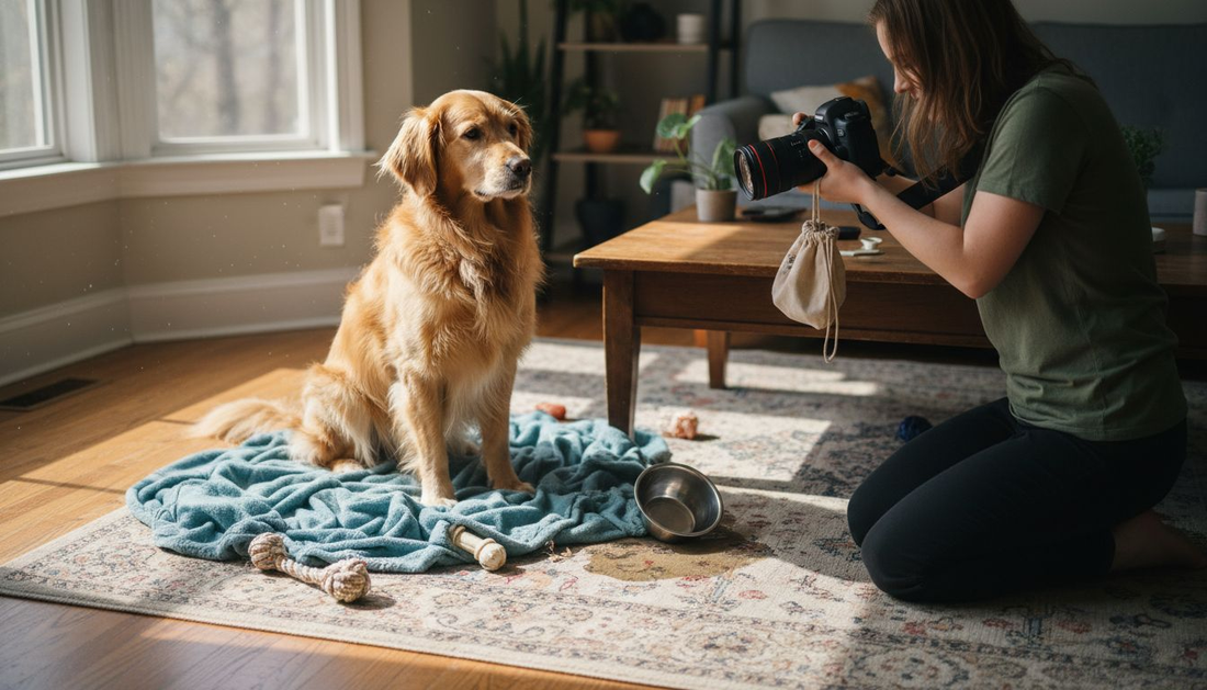 Owner prepares golden retriever for photoshoot