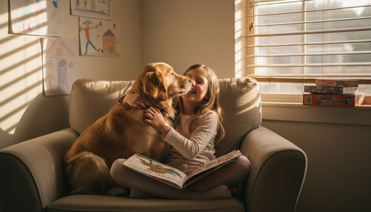 Child hugs dog on chair in sunlit room