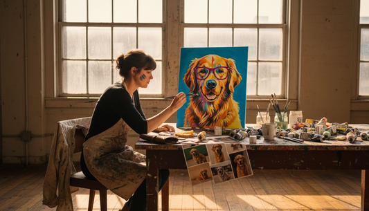Artist painting pop art pet portrait in studio