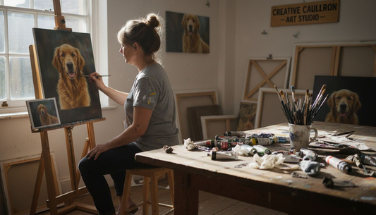 Artist painting memorial portrait of dog