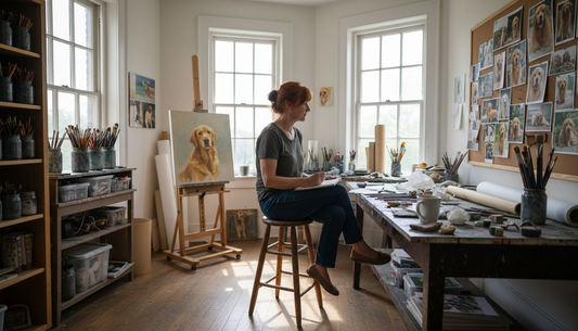 Artist creating pet portrait in natural light studio