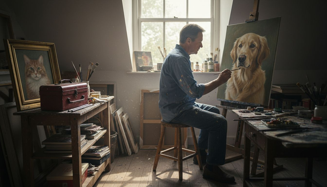 Artist painting dog portrait in attic studio