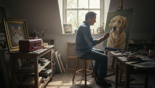 Artist painting dog portrait in attic studio