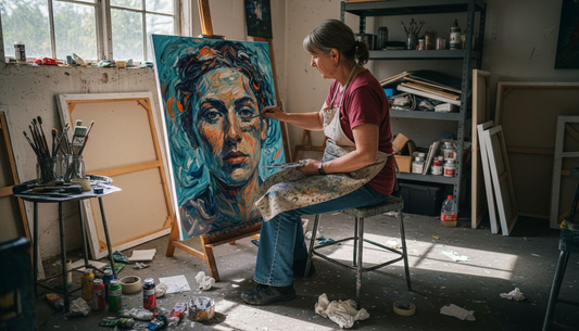 Artist painting abstract portrait in studio