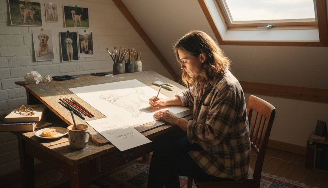 Artist sketching playful dog portrait at studio table