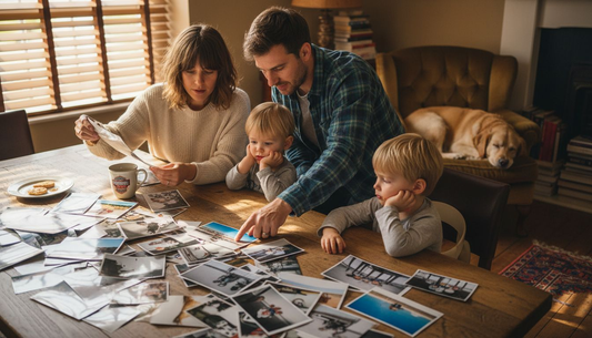 Family reviewing printed photos at dining table