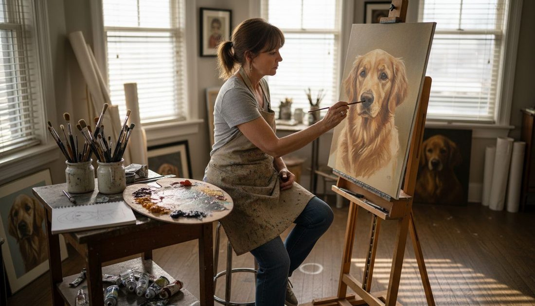Artist painting dog portrait in studio