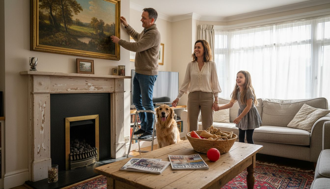 Family adjusts pet portrait in living room