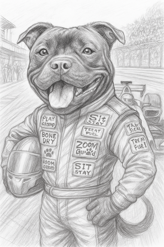 Pole Position Pet Portrait – Custom F1 Racing Pencil Sketch