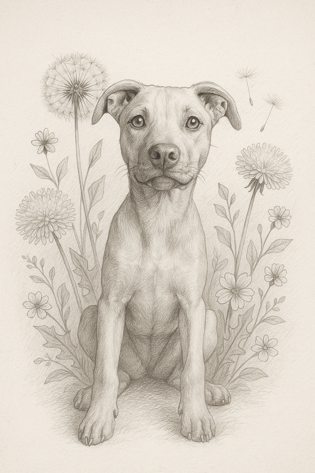 Botanical pet portrait in pencil sketch style