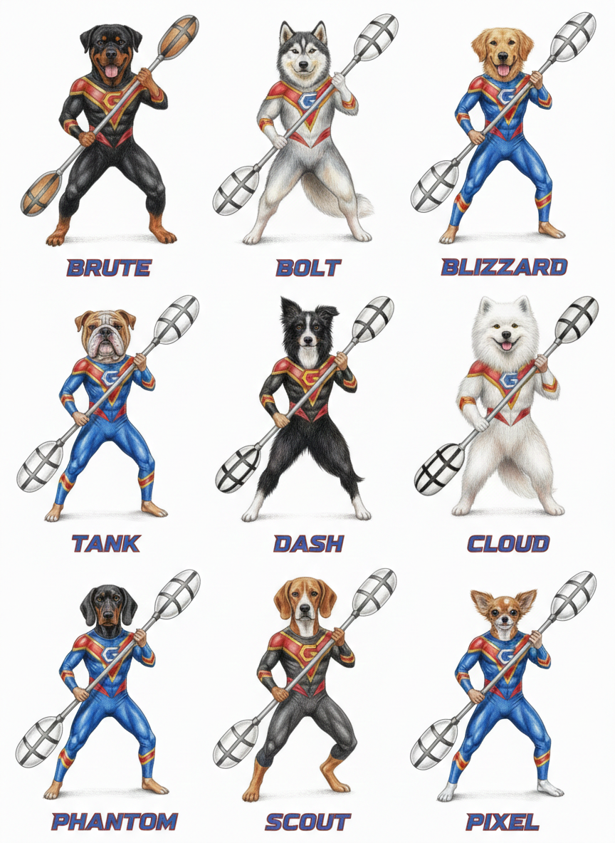 9 Gladiator Dog Character Styles - Brute, Bolt, Blizzard, Tank, Dash, Cloud, Phantom, Scout, Pixel